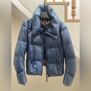 Roberto Cavalli Navy Blue Leather Puffer Jacket
